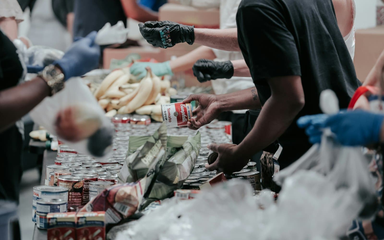 Close-up of several people's gloved hands sorting canned food, bananas, and other groceries on a long table.